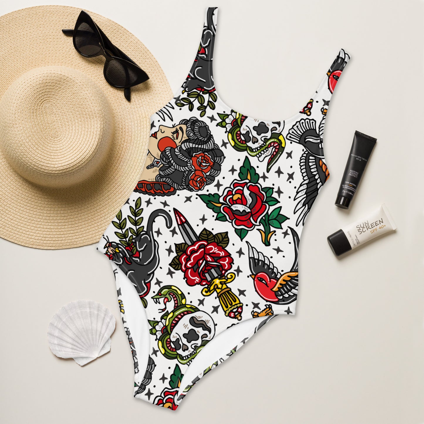 American Traditional Tattoo One-Piece Swimsuit