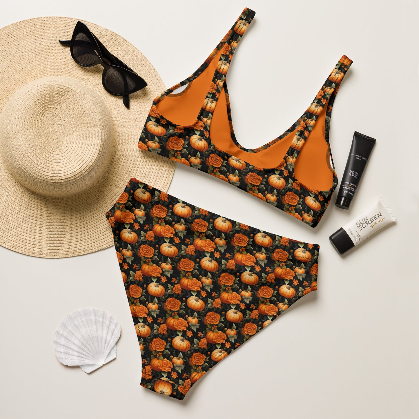 Pumpkin Flowers high-waisted bikini