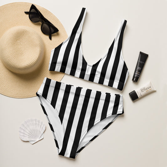 Black and White Stripe high-waisted bikini