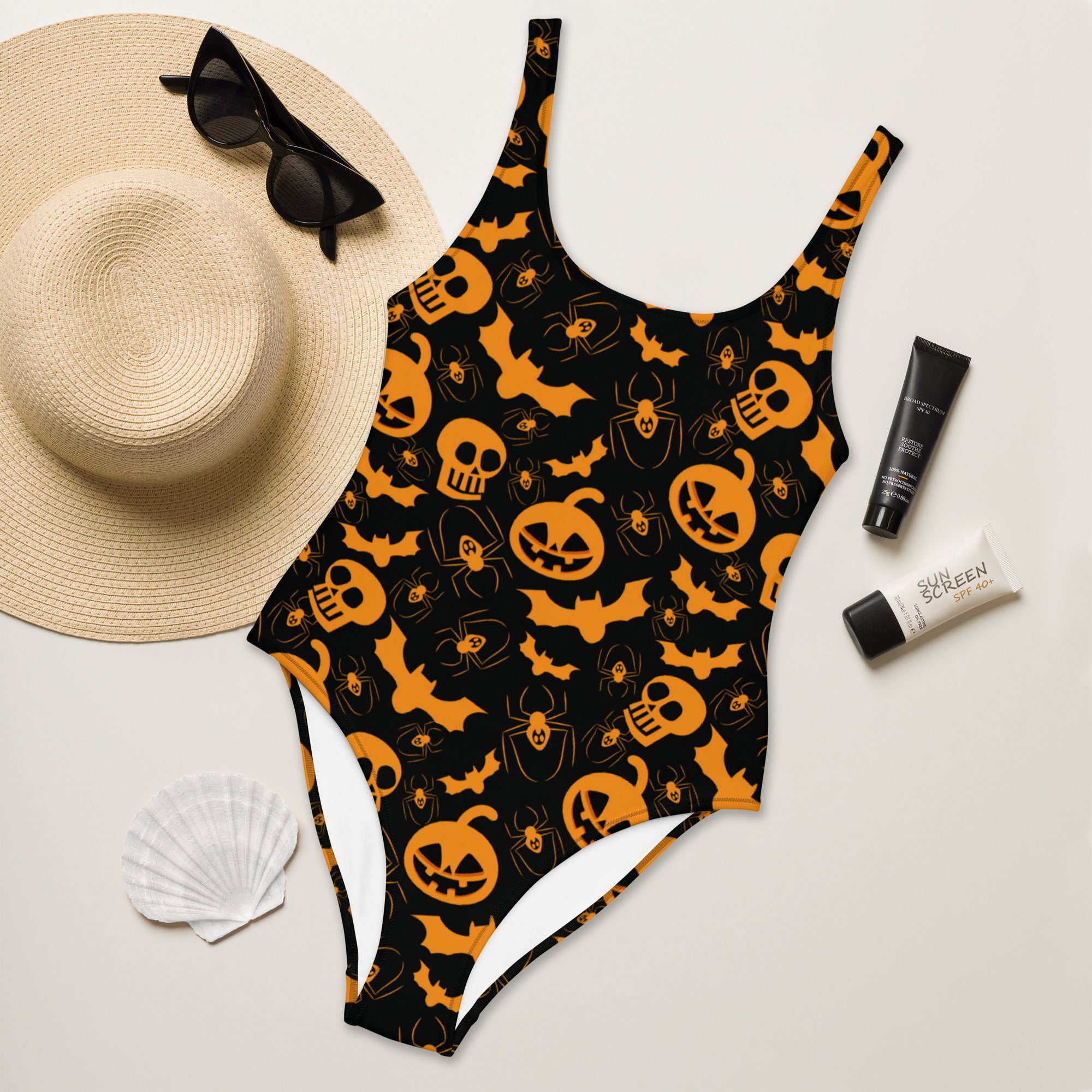 Jack O Lantern and Bat Pattern One Piece Swimsuit