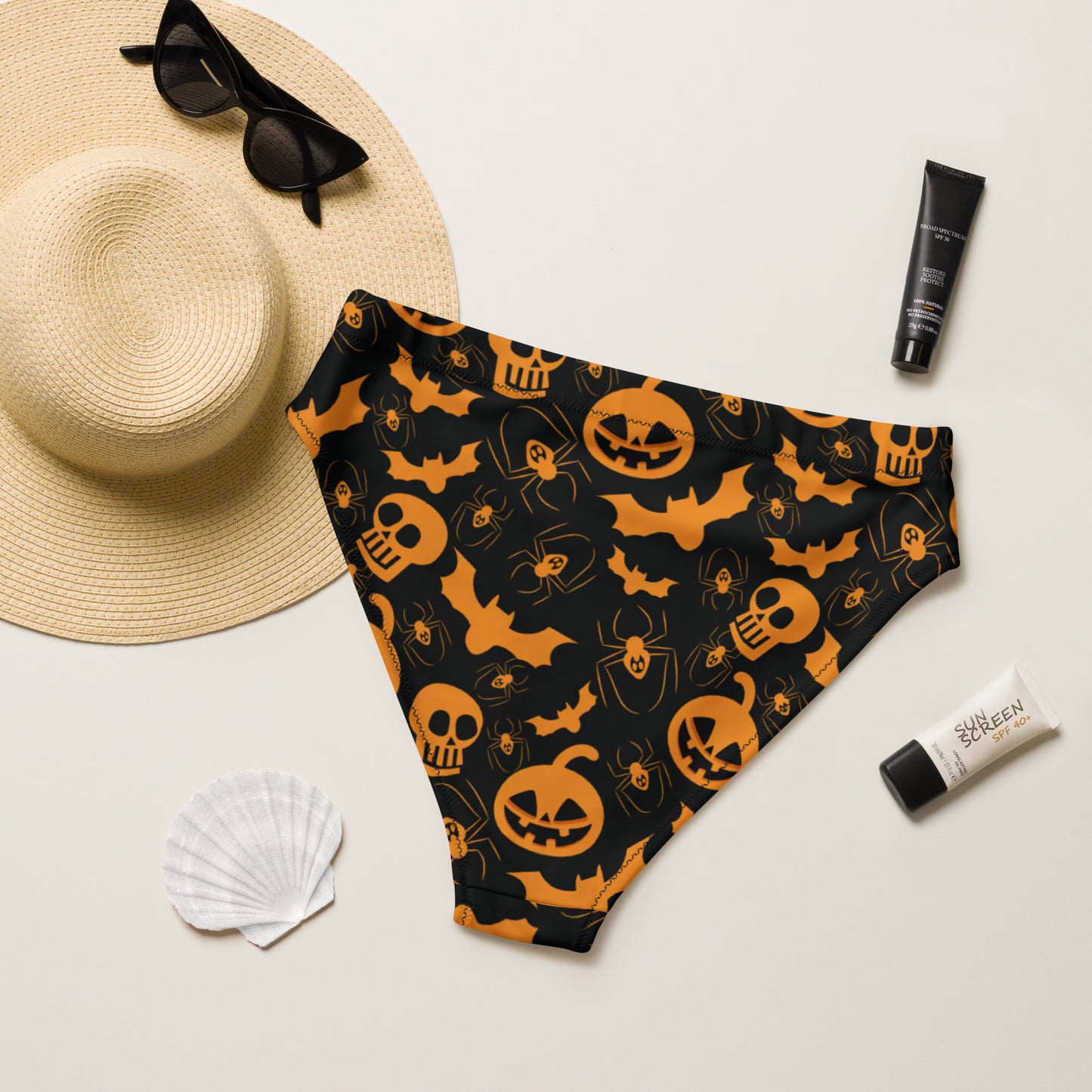 Jack-O-Lantern and Bat Pattern high-waisted bikini bottom
