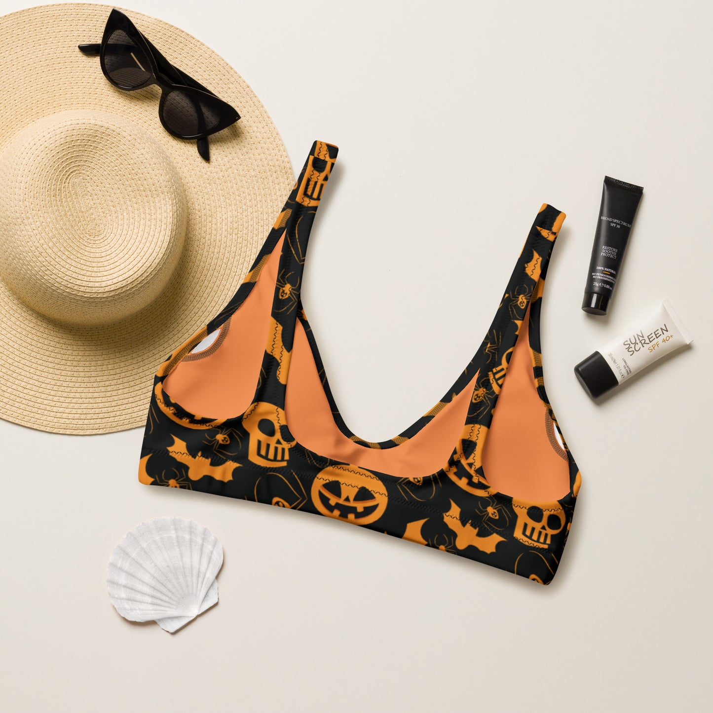 Jack-O-Lantern and Bat Pattern padded bikini top